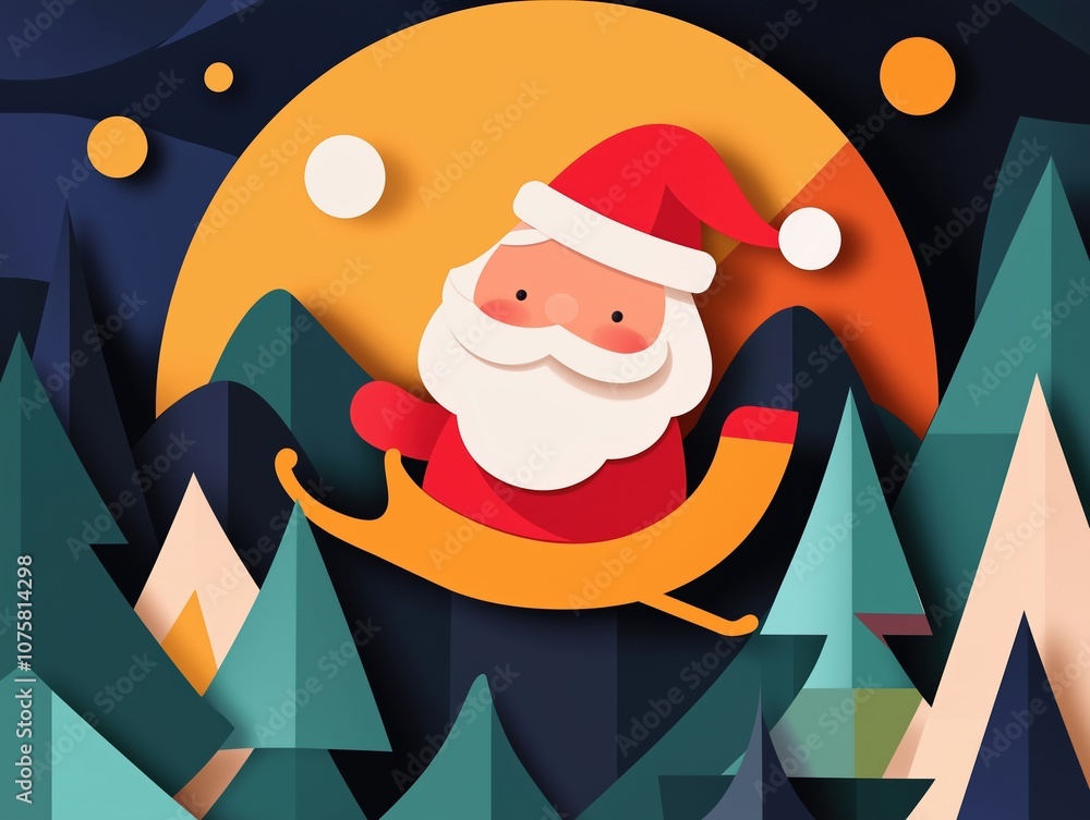 Paper-cut illustration of Santa Claus flying over a forest under the moon Paper-cut illustration of Santa Claus flying over a forest under the moon