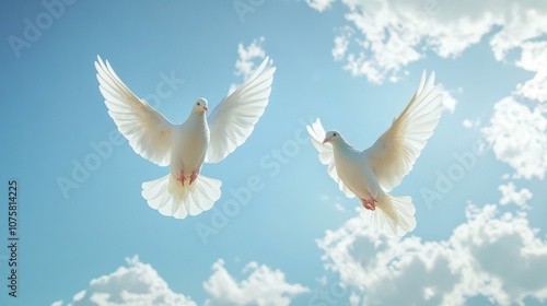 Two White Doves Soaring in Blue Sky