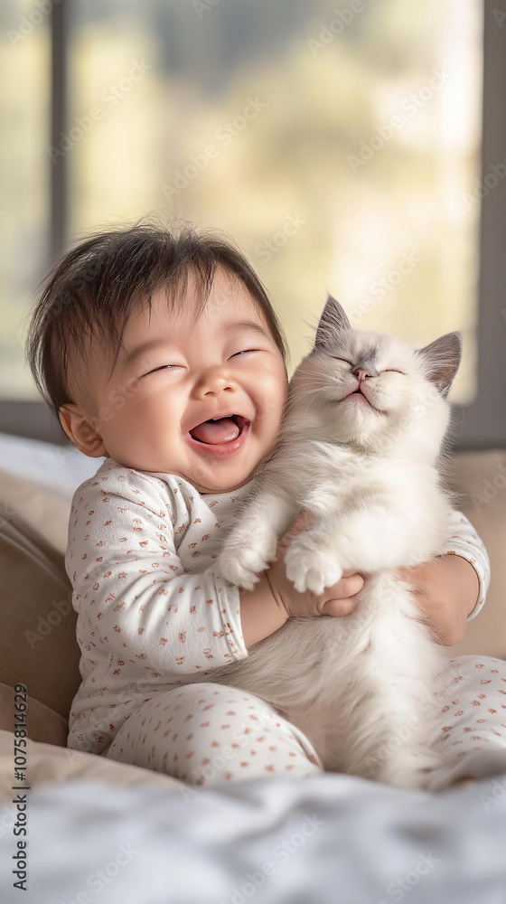 Happy baby girl hugging and laughing with white kitten on bed Happy baby girl hugging and laughing with white kitten on bed