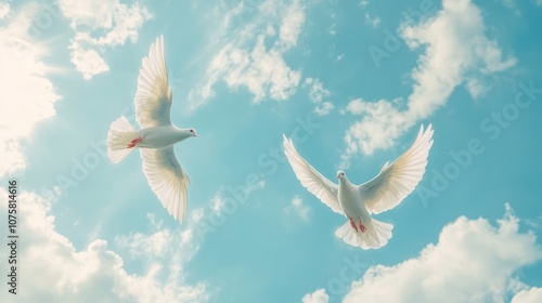 Two White Doves Flying in the Sky