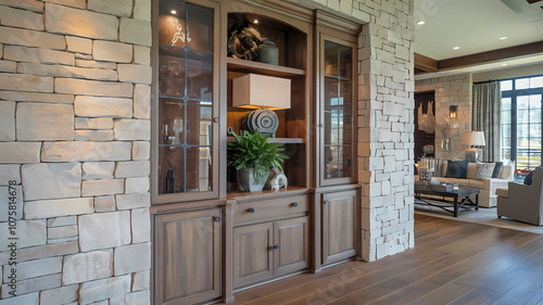 Elegant living room with wooden cabinetry, stone wall accents, plants, and stylish decor in a modern home setting.