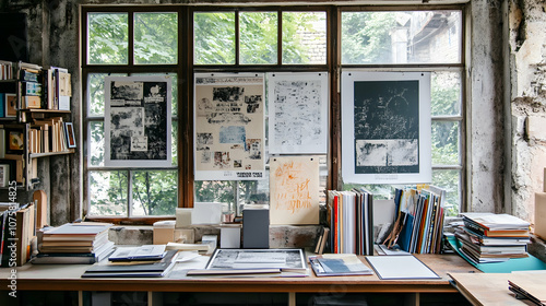 A well-lit, cluttered workspace with a large window overlooking greenery and posters hanging on the wall.