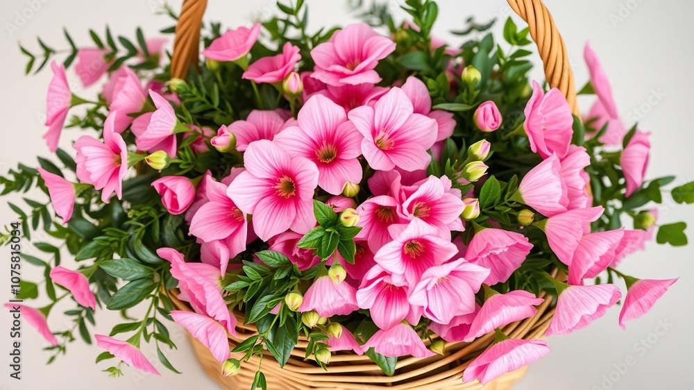 A basket overflowing with fresh pink flowers and greenery, fresh flowers, nature-inspired decor, floral patterns A basket overflowing with fresh pink flowers and greenery, fresh flowers, nature-inspired decor, floral patterns
