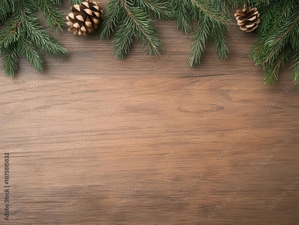 A beautiful arrangement of pine branches and pinecones on a rustic wooden surface, perfect for festive decorations. A beautiful arrangement of pine branches and pinecones on a rustic wooden surface, perfect for festive decorations.