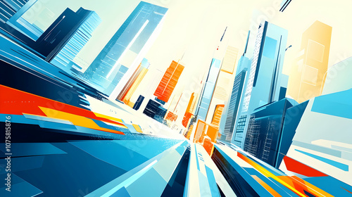 Abstract cityscape with bright colors and geometric shapes.