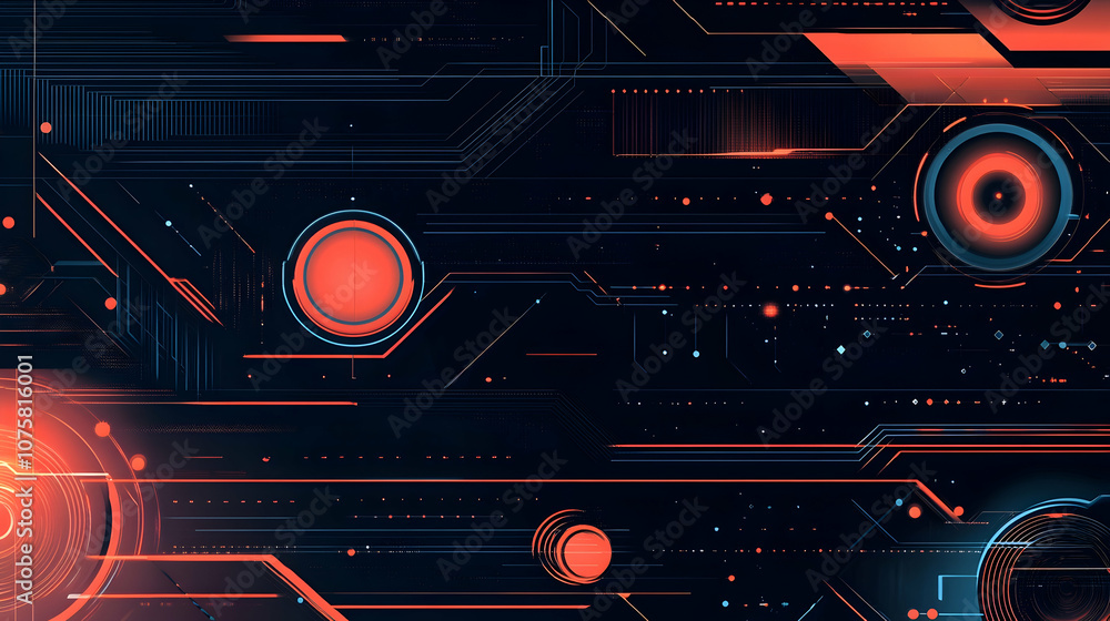 Abstract digital circuit board with glowing red and blue lines and circles on black background. Abstract digital circuit board with glowing red and blue lines and circles on black background.