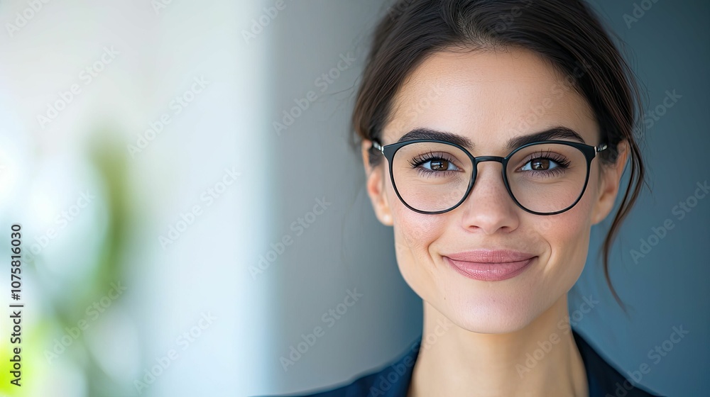 A confident woman with glasses smiles warmly, embodying professionalism and approachability in a modern, well-lit environment. A confident woman with glasses smiles warmly, embodying professionalism and approachability in a modern, well-lit environment.