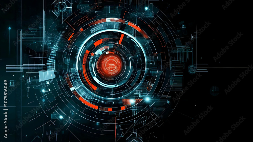 Abstract futuristic technology design with red and blue glowing elements on a black background. Abstract futuristic technology design with red and blue glowing elements on a black background.