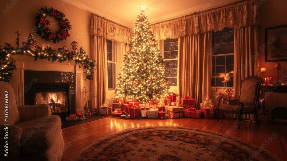 Obraz premium A warm, inviting living room with a tall Christmas