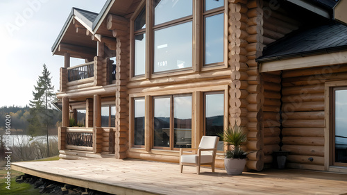 A spacious log cabin with large windows, a wooden deck, and a scenic view of nature by the lake on a sunny day.