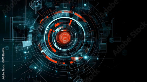 Abstract futuristic technology design with red and blue glowing elements on a black background.