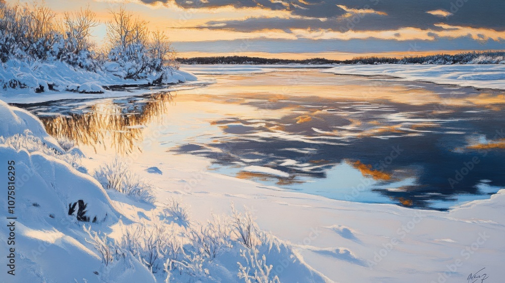Fototapeta premium A wide expanse of fresh snow with delicate frost on the ground,