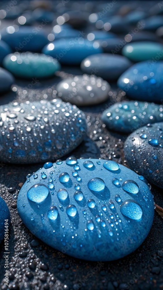 Tranquil blue pebbles with water droplets in natural light Tranquil blue pebbles with water droplets in natural light