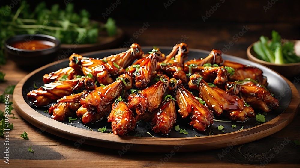 An exquisitely prepared platter of Asian-style baked chicken wings, the main subject of this image, presents itself in mouth-watering detail. An exquisitely prepared platter of Asian-style baked chicken wings, the main subject of this image, presents itself in mouth-watering detail.
