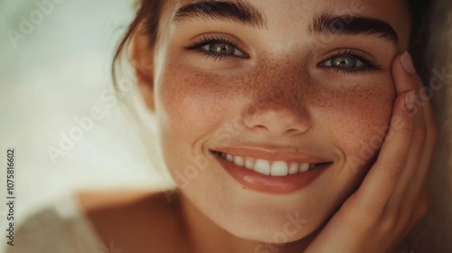 Beautiful woman smiling with flawless skin, gentle lighting, minimalistic background, hand on face, close-up shot, empty space.