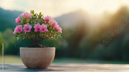 Wallpaper Mural Blooming Pink Bonsai Tree in a Pot on Wooden Table Against Green Background Torontodigital.ca
