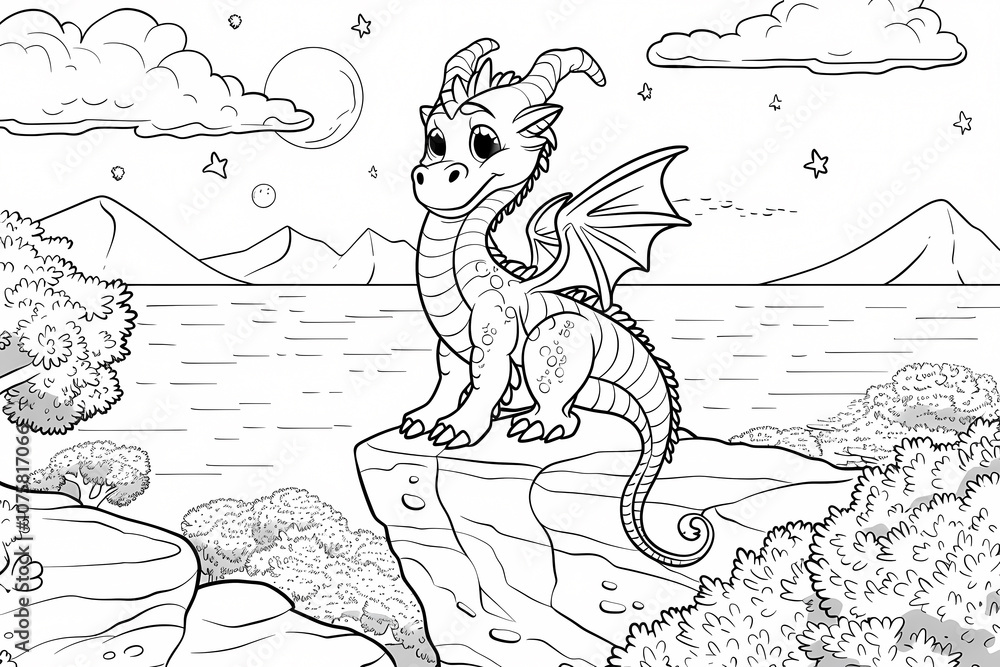 A whimsical cartoon dragon sits on a rock by the water, surrounded by trees and mountains, ready to explore its colorful world. A whimsical cartoon dragon sits on a rock by the water, surrounded by trees and mountains, ready to explore its colorful world.