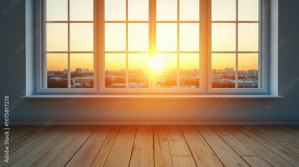 Cityscape Sunset View Through Window with Wood Floor Cityscape Sunset View Through Window with Wood Floor