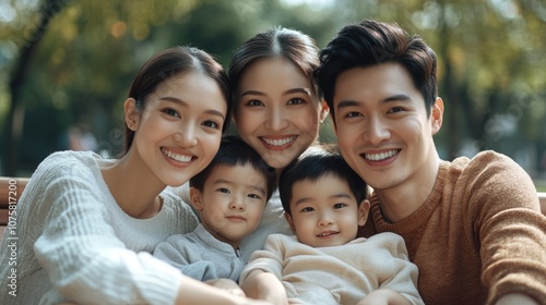 High-resolution photorealistic shot of a happy young Asian family sitting together on a park bench, smiling warmly at the camera. Styled like a luxury lifestyle magazine, the professional color