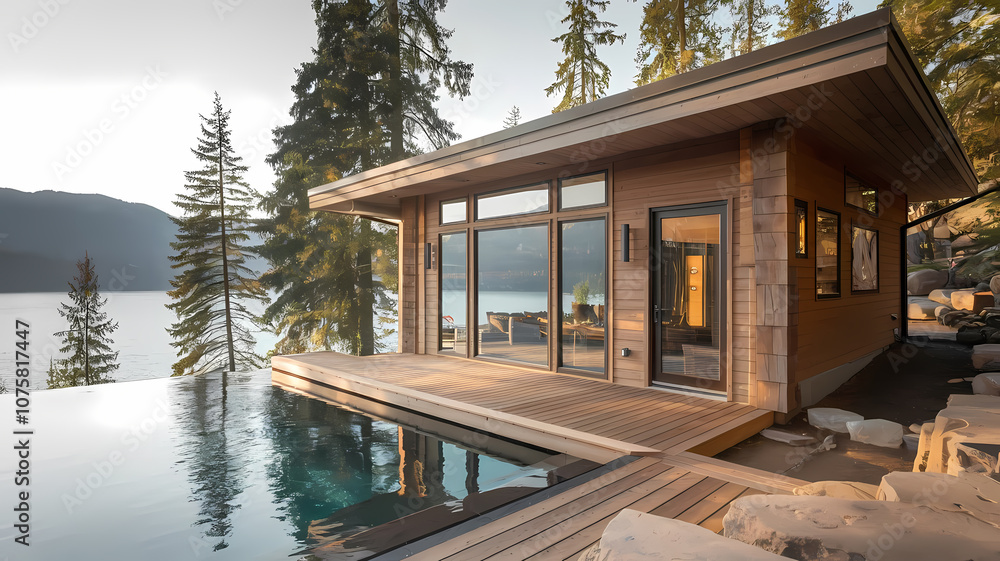 Luxury lakeside cabin with modern architecture, surrounded by trees and featuring a stunning infinity pool at sunset. Luxury lakeside cabin with modern architecture, surrounded by trees and featuring a stunning infinity pool at sunset.