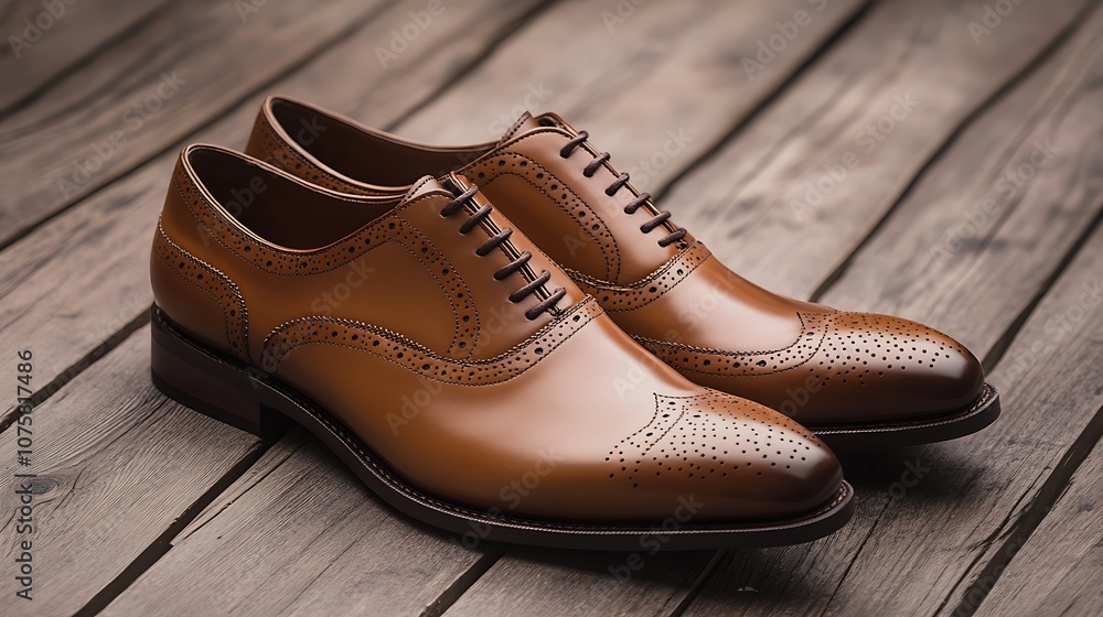 Brown Leather Brogue Shoes On Wooden Background Brown Leather Brogue Shoes On Wooden Background