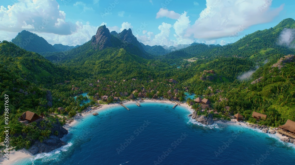 Fototapeta premium Tropical Island Paradise with Lush Green Mountains Sandy Beach and Turquoise Waters