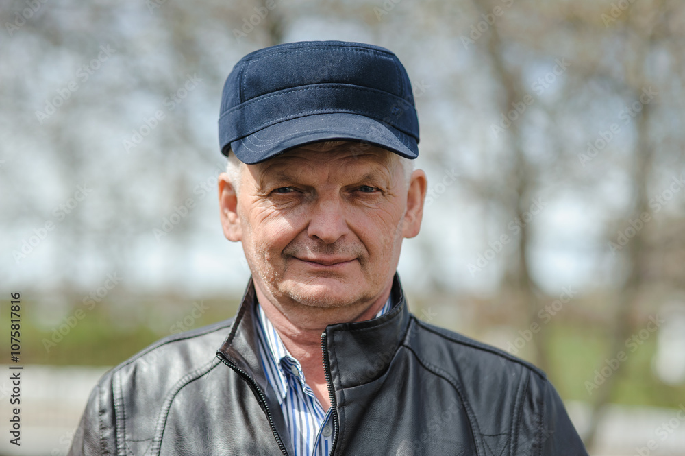 An old man in a cap looks into the camera. Portrait of a happy pensioner. An old man in a cap looks into the camera. Portrait of a happy pensioner.
