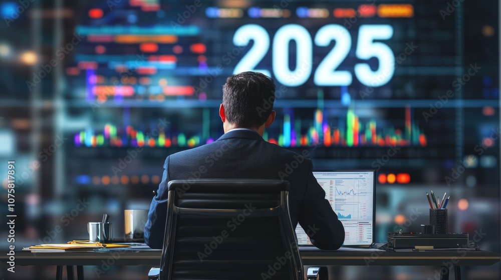 Fototapeta premium Hyperrealistic photo of a businessman reviewing CRM reports at his desk with a large blurred digital screen showing 