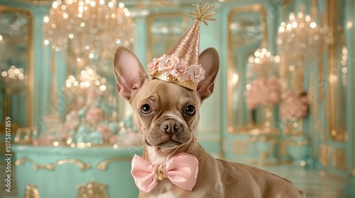 Festive French Bulldog: Cute Pet in Party Hat and Bow Tie Celebrating Sylvester and New Year's Eve on Green Textured Background