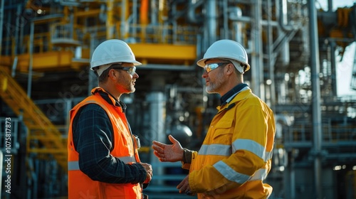 Wallpaper Mural Hyperrealistic photo of an offshore rig supervisor in conversation with engineers, ensuring the safety and efficiency of ongoing operations. Styled like a premium magazine feature and professionally Torontodigital.ca