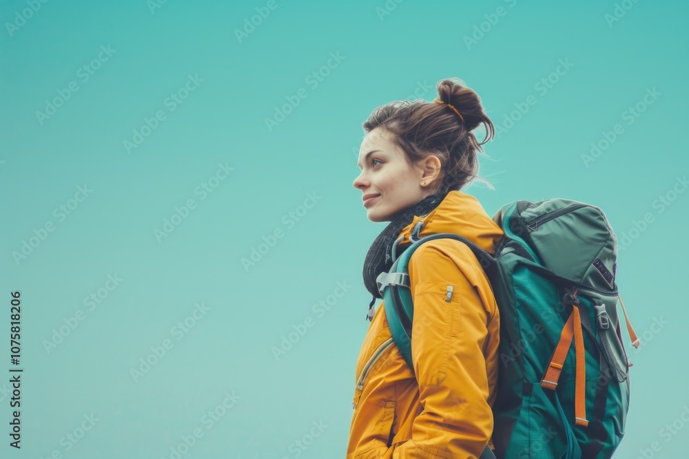 Full body image of woman ready for journey, solid color background