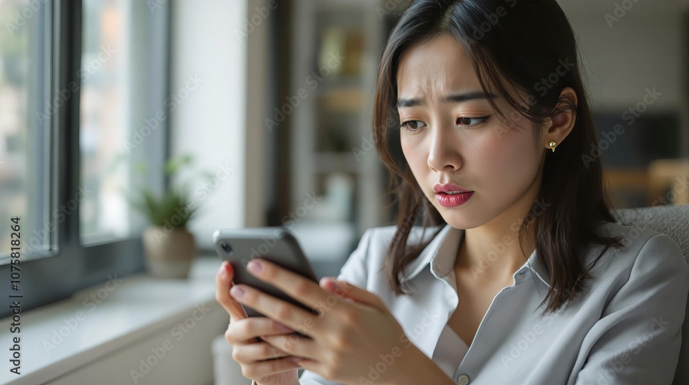 Concerned woman reading a message on her smartphone by a window Concerned woman reading a message on her smartphone by a window