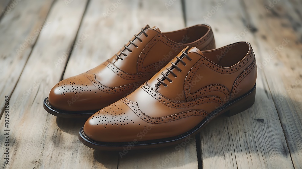 Brown Leather Brogue Shoes on Wooden Floor Brown Leather Brogue Shoes on Wooden Floor