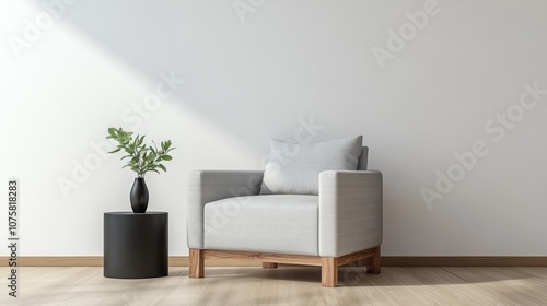 A realistic photo of a serene living space featuring a light gray armchair and a matching wooden side table. The black vase with greenery adds a subtle, natural element to the simple design, styled