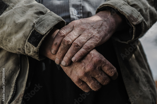 Hands of a hardworking person. Mechanics hands dirty working close-up. Hands folded on the stomach.
