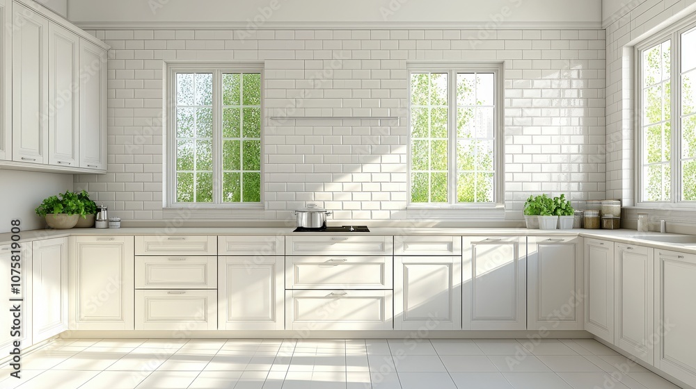 Fototapeta premium Modern White Kitchen Interior Design with Windows and Sunlight