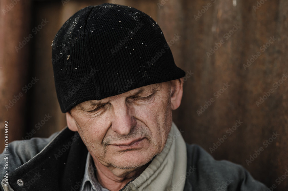 A portrait of a hardworking pensioner is carried. The face of an elderly man. Portrait of an old man in a black hat. A portrait of a hardworking pensioner is carried. The face of an elderly man. Portrait of an old man in a black hat.