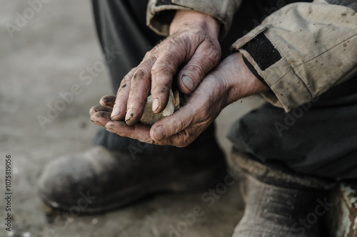 A close up macro shot captures the wrinkled hands of a senior man.The elderly person gently holds small items or seeds in his palms.This detailed texture emphasizes the theme of long working life