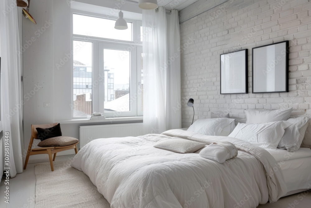 Fototapeta premium Cozy white bedroom with modern decor and a minimalist aesthetic