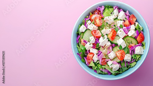 Fresh Greek Salad with Feta Cheese and Tomatoes in Bowl on Pink Background