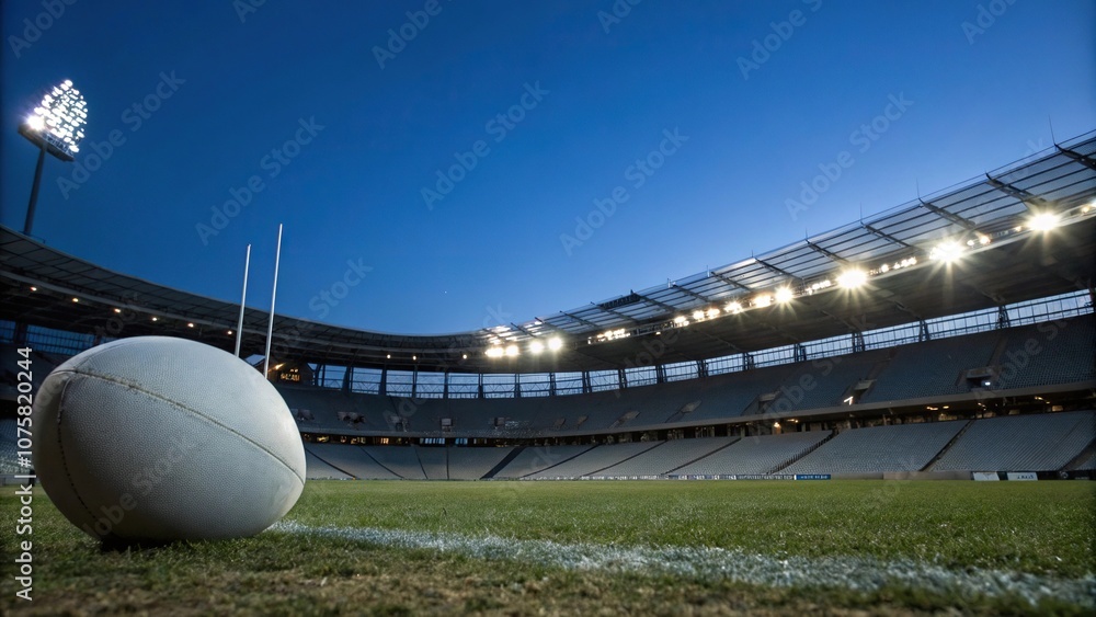 Abstract football stadium background with large gray ball against a dark blue sky, landscape photography, gray ball, stadium view, atmospheric background Abstract football stadium background with large gray ball against a dark blue sky, landscape photography, gray ball, stadium view, atmospheric background