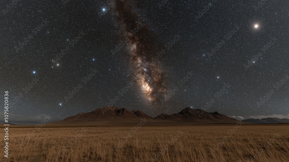 Night Sky with Milky Way over Mountain Range and Grasslands Night Sky with Milky Way over Mountain Range and Grasslands