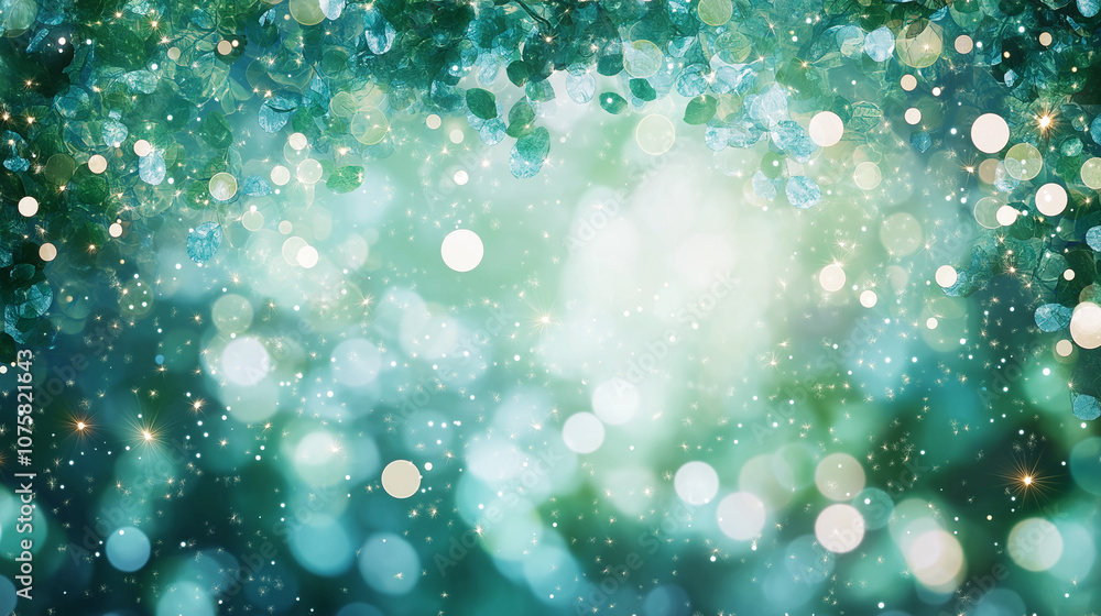 Obraz premium Enchanted Forest Glow: Abstract bokeh background with teal and green foliage, shimmering lights, and a magical, ethereal ambiance. Perfect for fantasy, nature, or whimsical projects. 