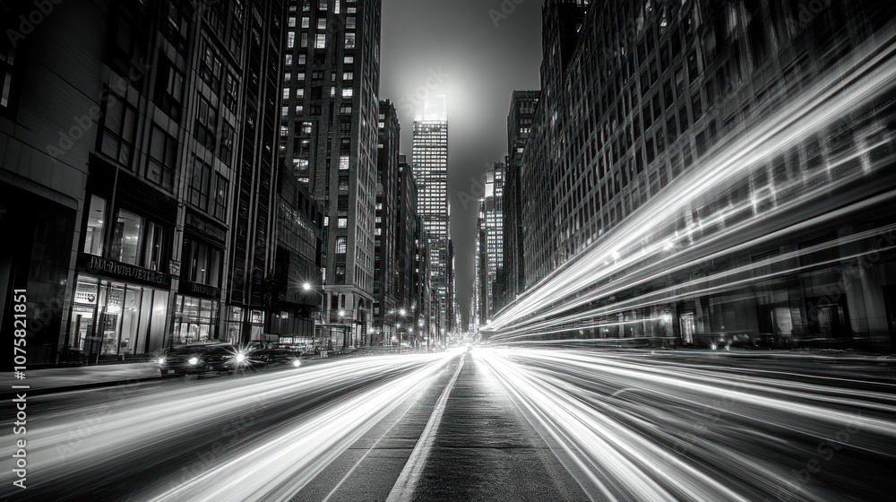 Naklejka premium City Street at Night with Light Trails