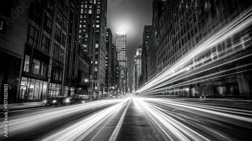 City Street at Night with Light Trails