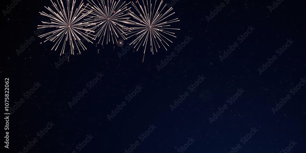 Obraz premium A bunch of fireworks shooting upwards in the sky above a dark blue background filled with bright, glowing stars and constellations, sky, fireworks