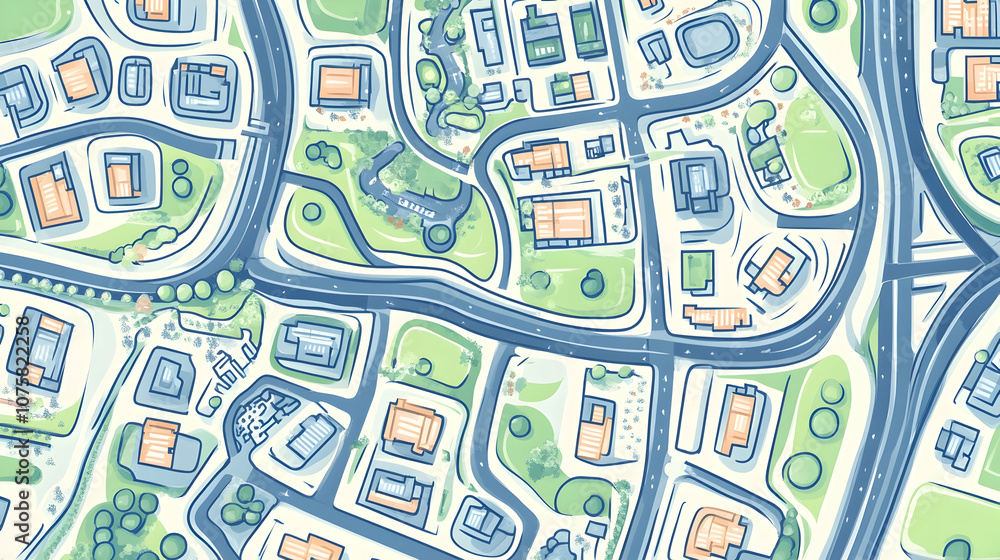 Obraz premium An aerial view of a city with buildings, parks, and roads.