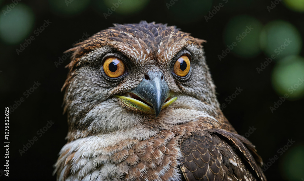 A brown owl with yellow eyes stares intensely into the camera A brown owl with yellow eyes stares intensely into the camera