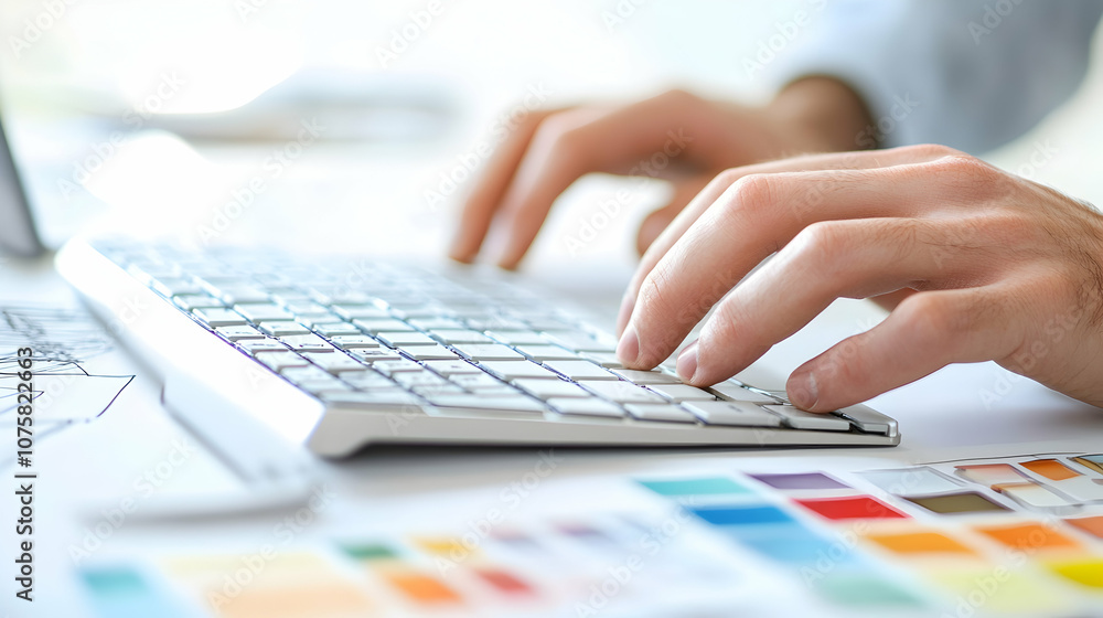 Close up of hands typing on a keyboard with color swatches in the background. Close up of hands typing on a keyboard with color swatches in the background.