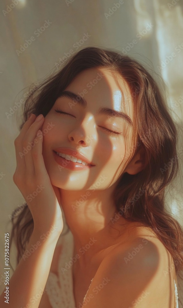 Happy young woman with flawless skin, hand gently on face, minimalistic background, soft focus, empty area, serene look. Happy young woman with flawless skin, hand gently on face, minimalistic background, soft focus, empty area, serene look.